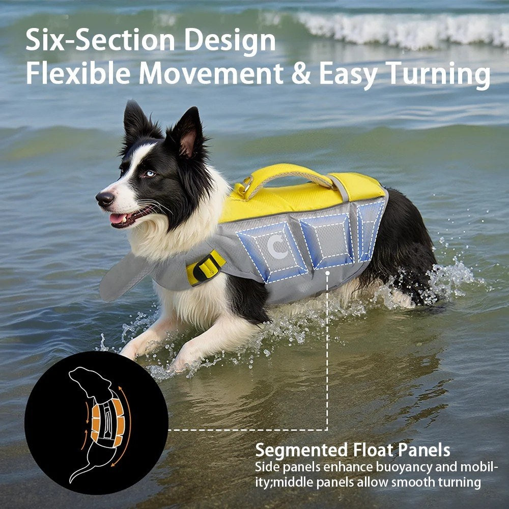 Dog wearing a yellow and gray life jacket in the water with text about its design features.