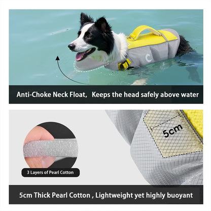 Dog wearing a life jacket in water with text about the product features.