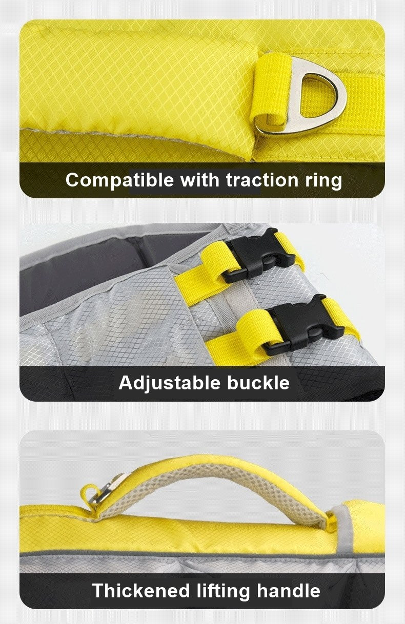 Product features of a dog life jacket including a traction ring, adjustable buckle, and thickened lifting handle on a yellow and gray background.