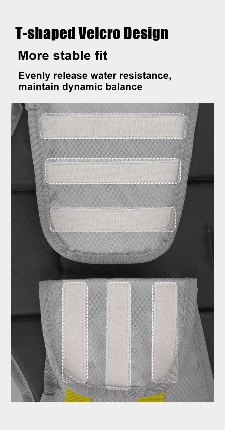 T-shaped Velcro design on a pet life jacket with text highlighting stability and water resistance.