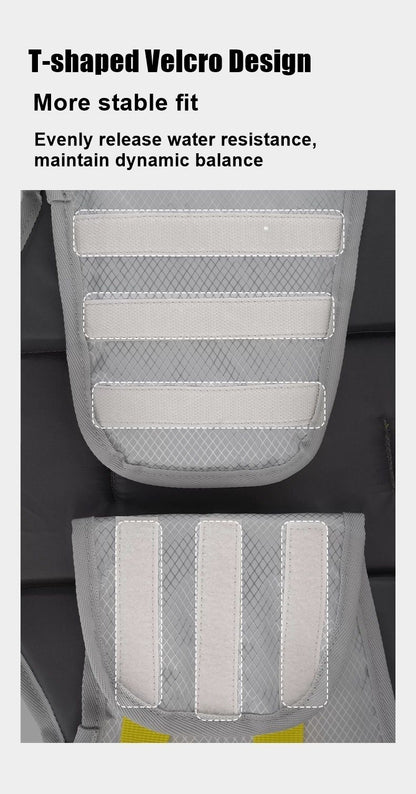 T-shaped Velcro design on a pet life jacket with text highlighting stability and water resistance.
