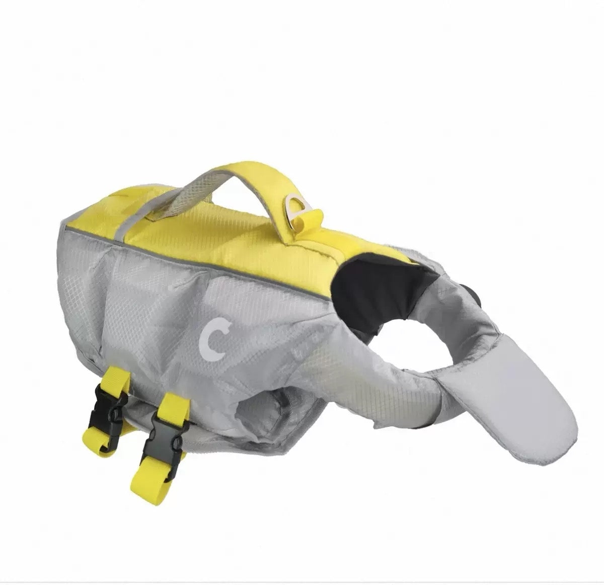 Gray and yellow dog life jacket on a white background
