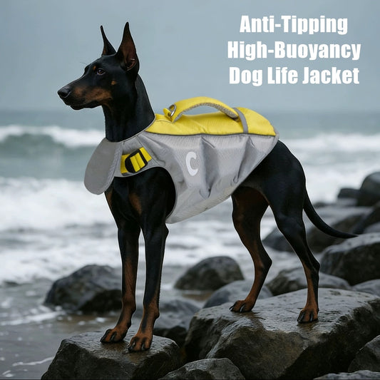 Dog wearing a gray and yellow life jacket on rocks with ocean in the background