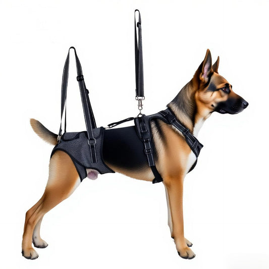 Dog wearing a black Full-Body Split Lifting Support harness with a leash on a white background