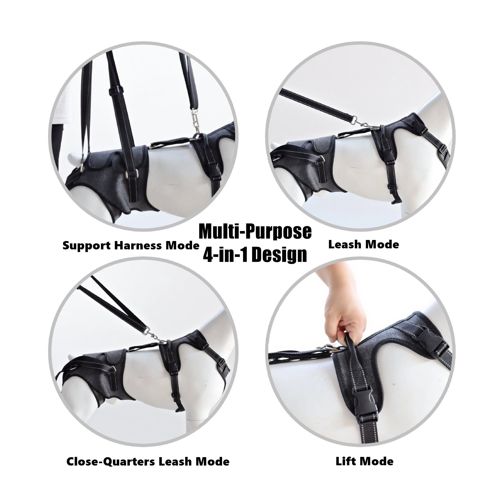 Multi-purpose dog Full-Body Split Lifting Support harness with various modes on a white background
