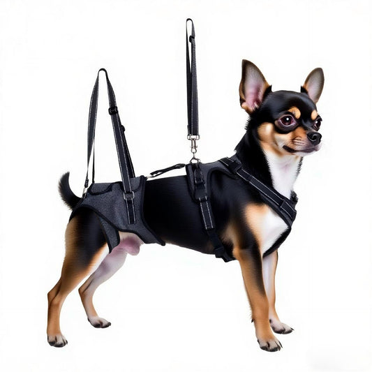 Small dog wearing a black Full-Body Split Lifting Support harness and leash on a white background