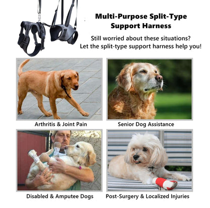 multi-purpose split-type support harness with images of dogs and text highlighting uses.
