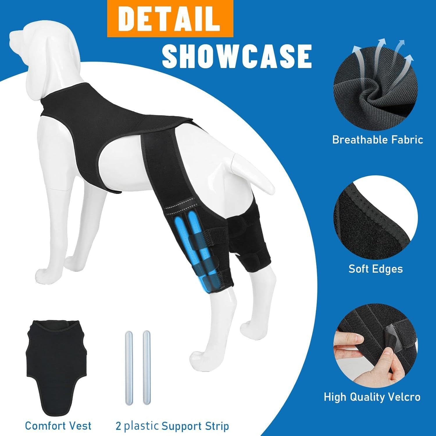Dog Double Hind Leg Knee Brace with features highlighted on a blue background