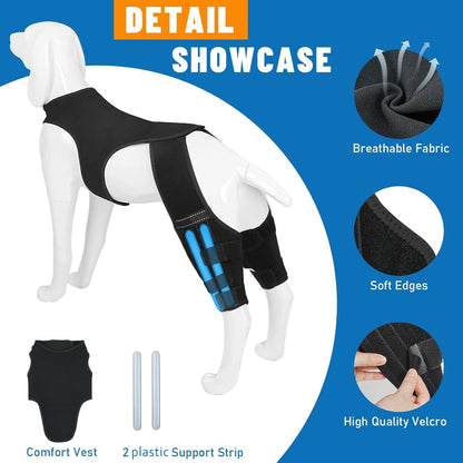 Dog Double Hind Leg Knee Brace with features highlighted on a blue background