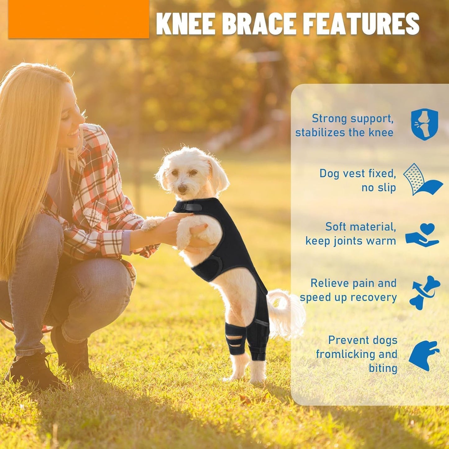 Woman kneeling with a dog wearing a knee brace in an outdoor setting, with features of the knee brace displayed on the right.