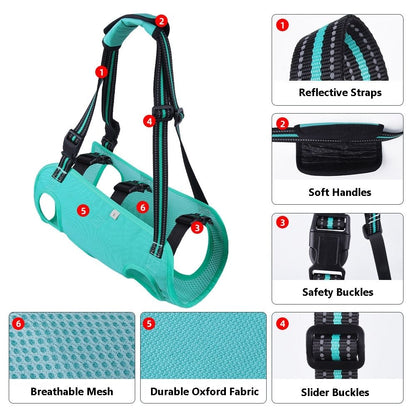 a break-down illustration for PawAble Dog Lift Harness Backpack Carrier, including the Reflective Straps, soft handles, safety buckles, breathable mesh, oxford fabric and slider buckles