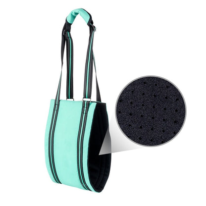 Dog Lift Harness Sling for hind legs in turquoise color and close-up the neoprene fabric
