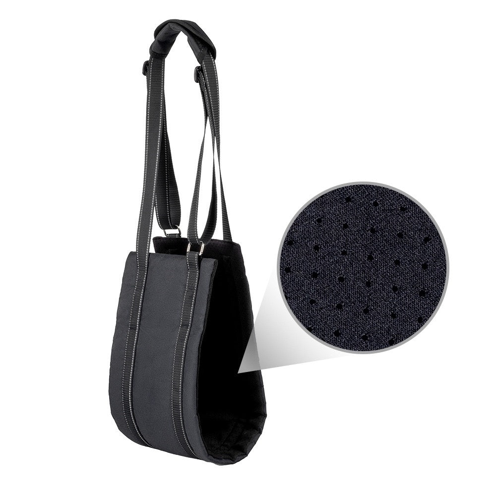 Dog Lift Harness Sling for hind legs in black color and close-up the neoprene fabric