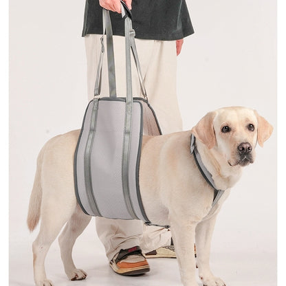 Dog wearing a gray mesh sling being held by a person on a white background