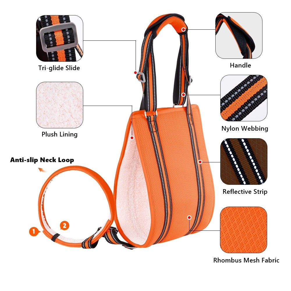 Orange sling harness with labeled components on a white background