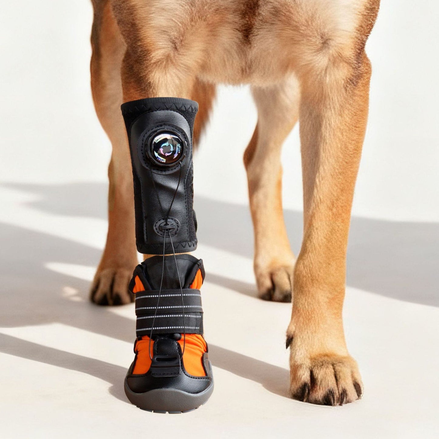 Dog wearing a black and orange protective boot on a white background