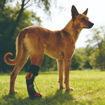 Dog wearing a protective Adjustable Knob Not Knuckling Dog Shoeboot on a grassy field with trees in the background