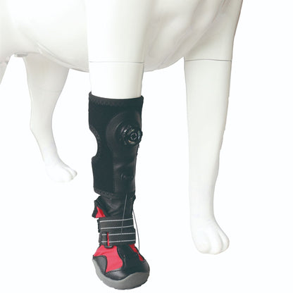Black protective Adjustable Dog Toe Dragging Brace Boot  with red accents on a white mannequin leg