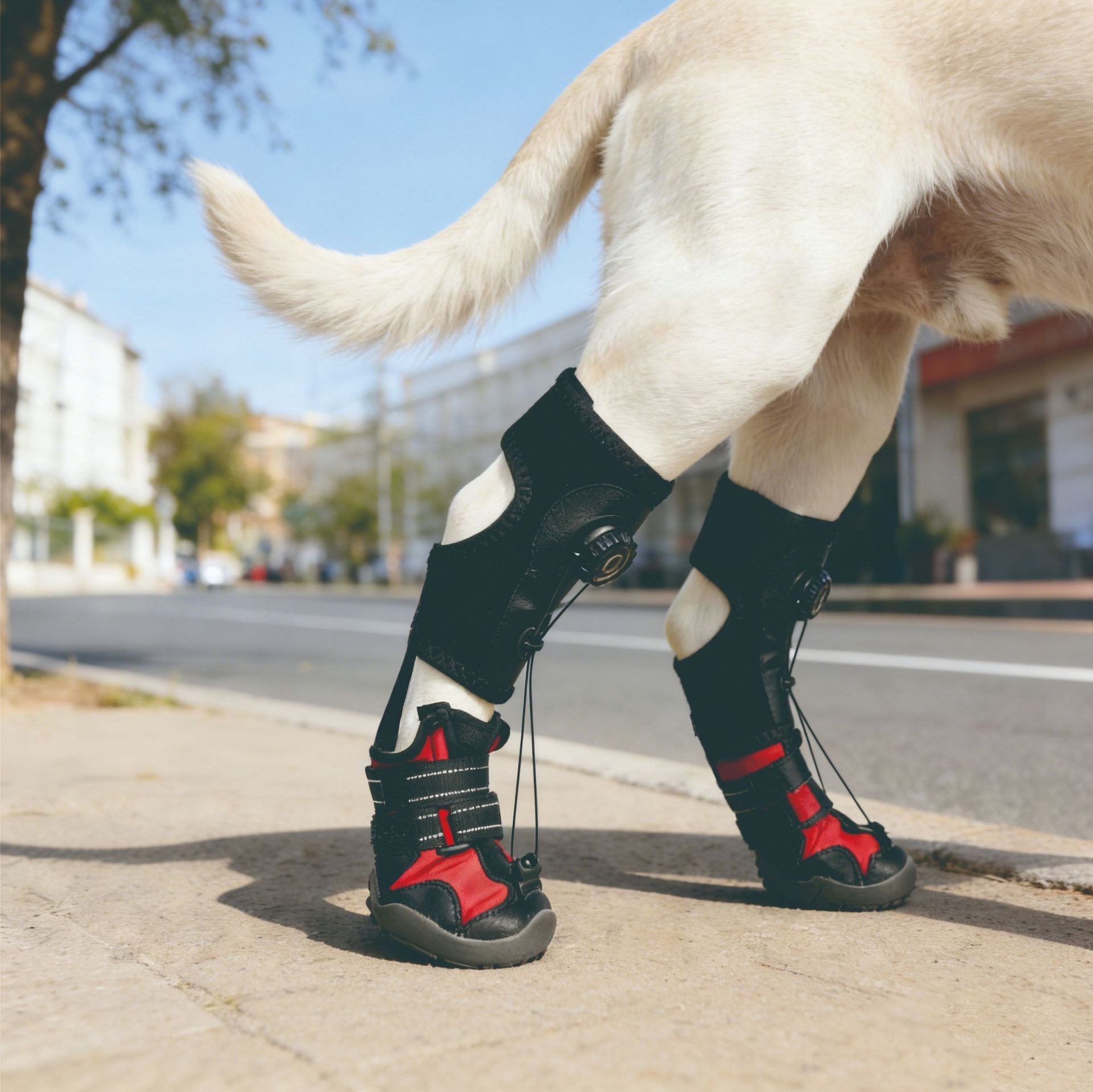 Dog wearing black and red protective boots on a sidewalk
