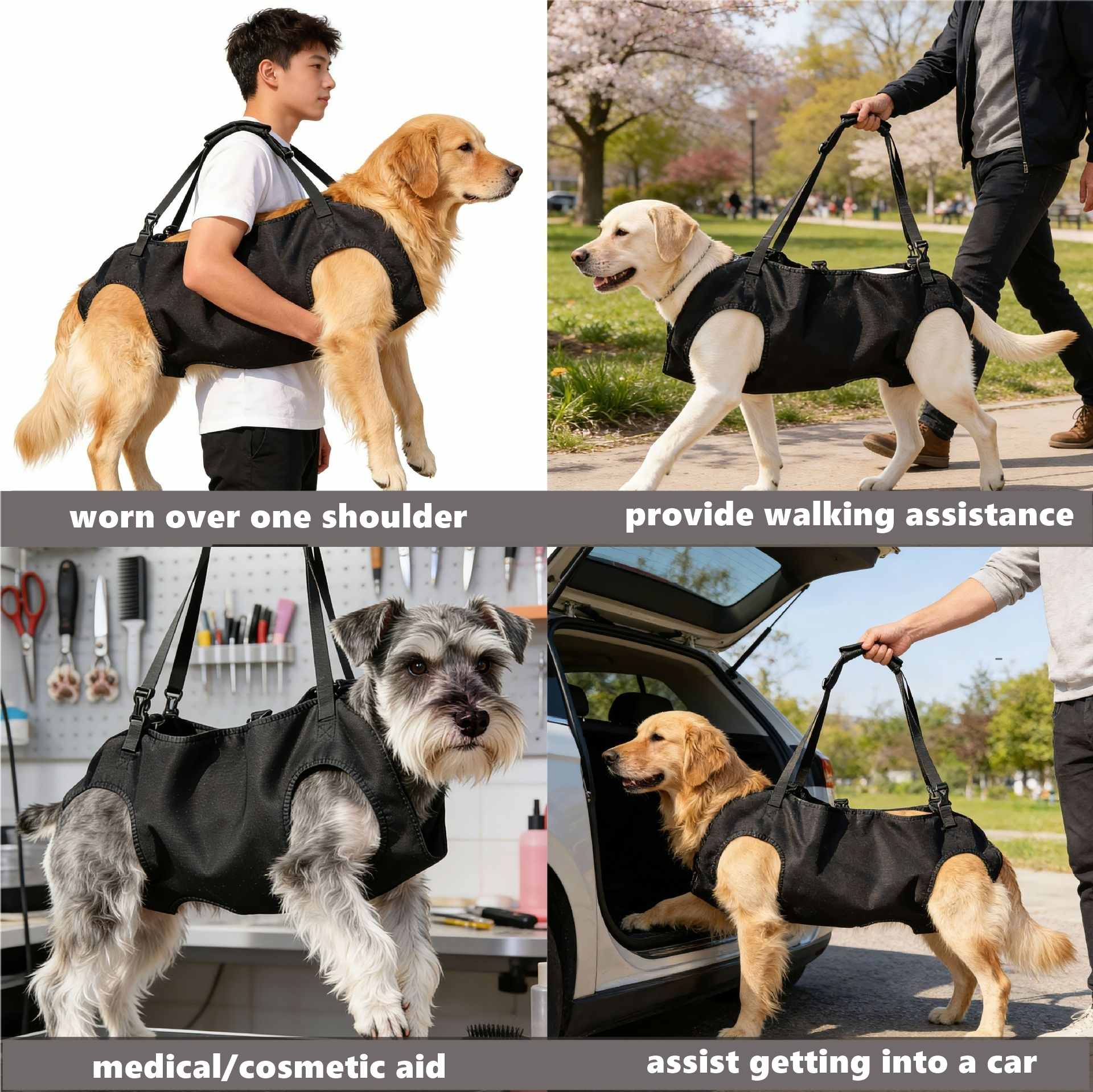 Dog Full Body Chest Sling carrier worn over a person's shoulder, used for walking assistance, and assisting a dog into a car.