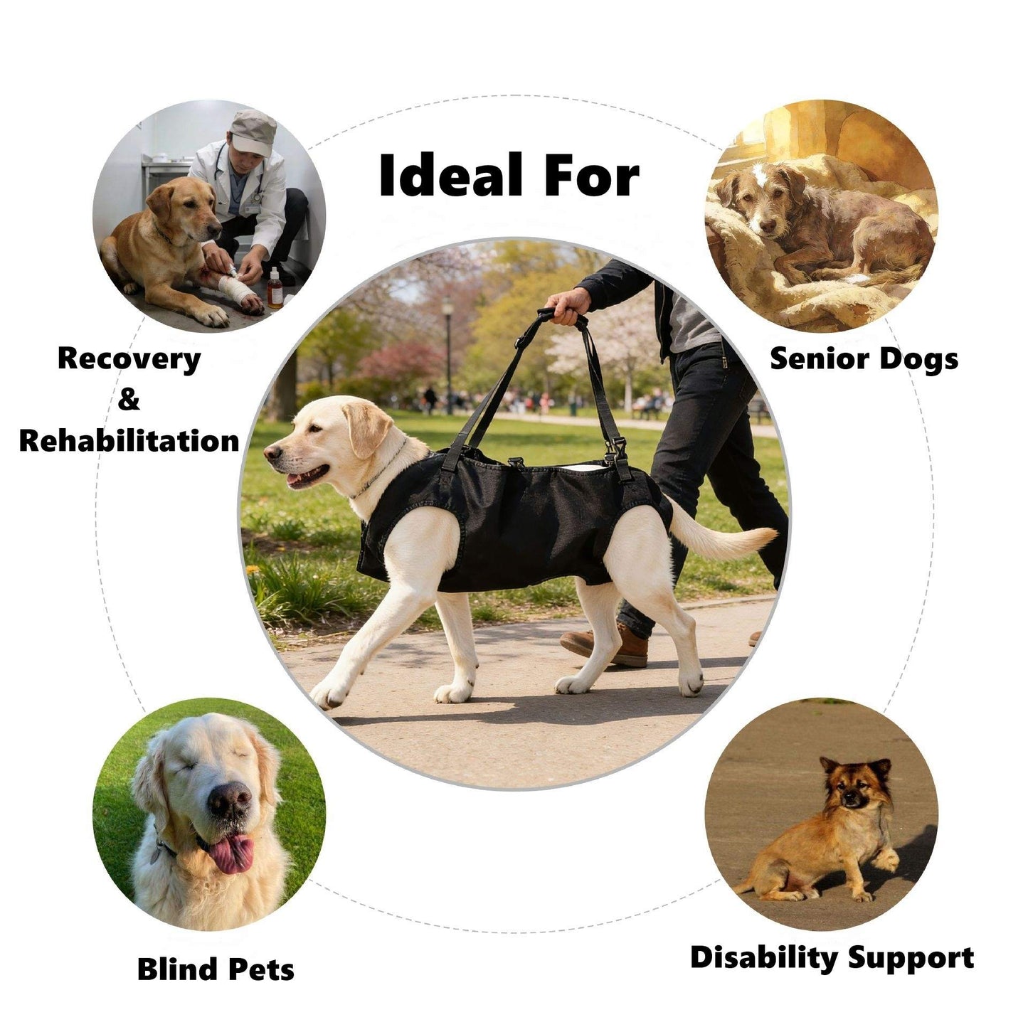 Dog wearing a black Dog Lift Support Harness with text indicating uses for dogs including recovery, rehabilitation, senior dogs, blind pets, and disability support.