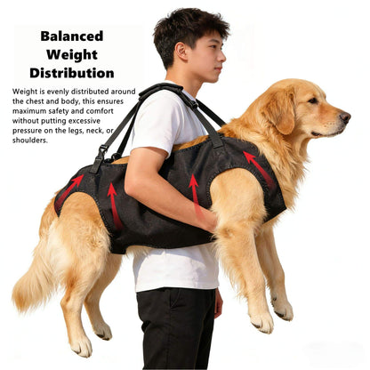 Dog wearing a black Dog Lift Support Harness with red arrows indicating the balanced weight distribution