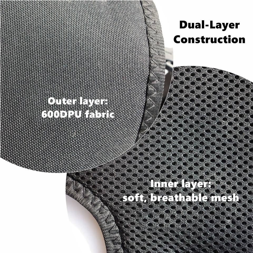 Dual-layer construction of a Full Body Chest Sling harness with 600DPU fabric outer layer and soft, breathable mesh inner layer.