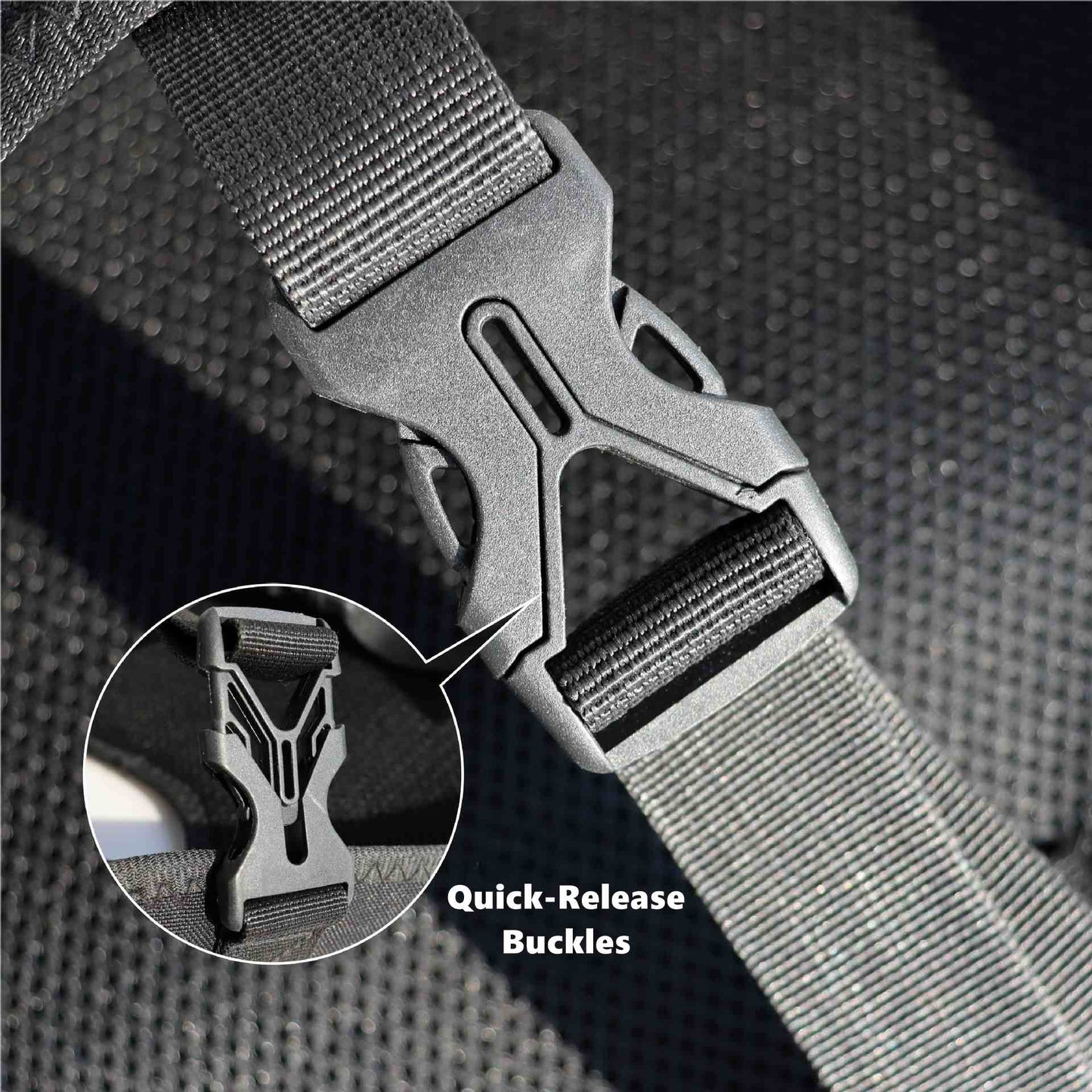 Close-up of a tactical belt with quick-release buckles on a textured background