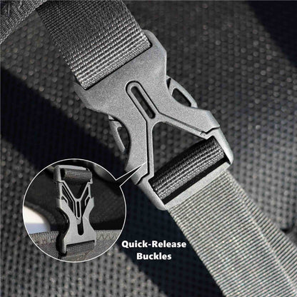 Close-up of a tactical belt with quick-release buckles on a textured background