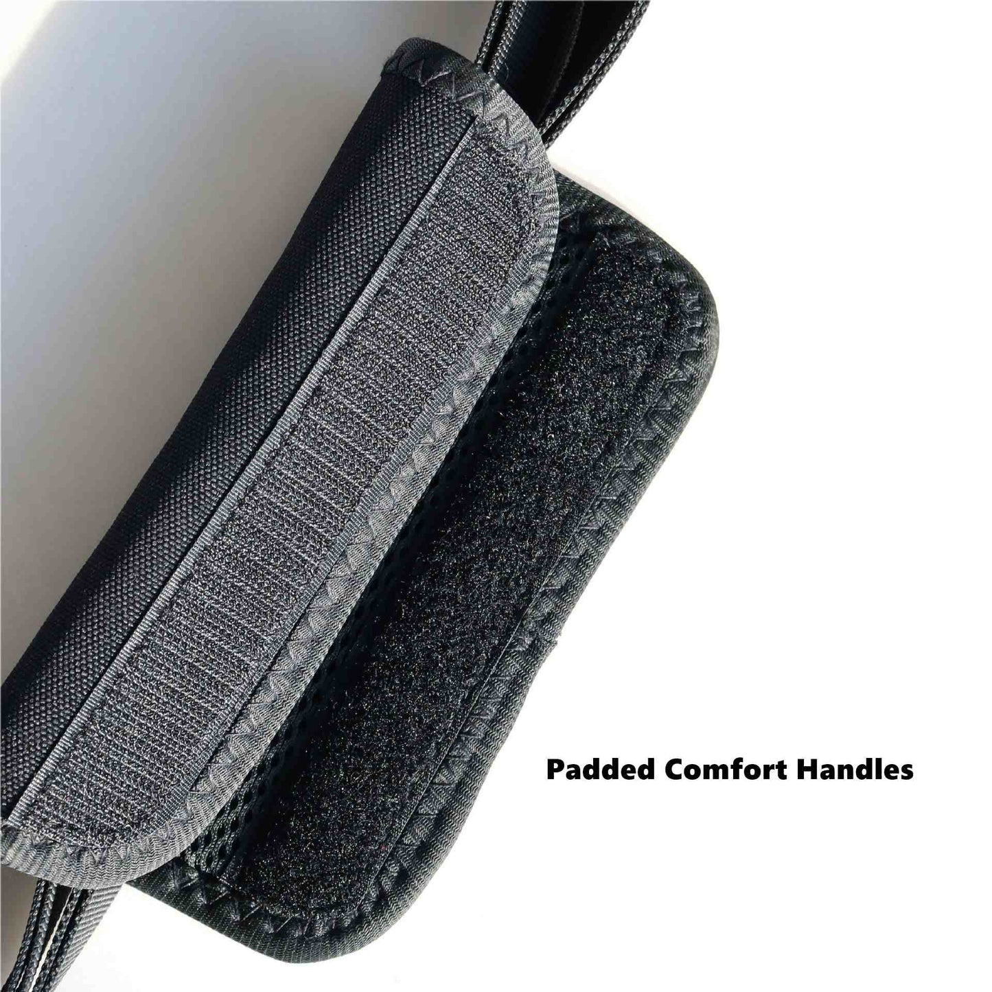 Close-up of a black bag with textured handles and a visible brand name on a white background.