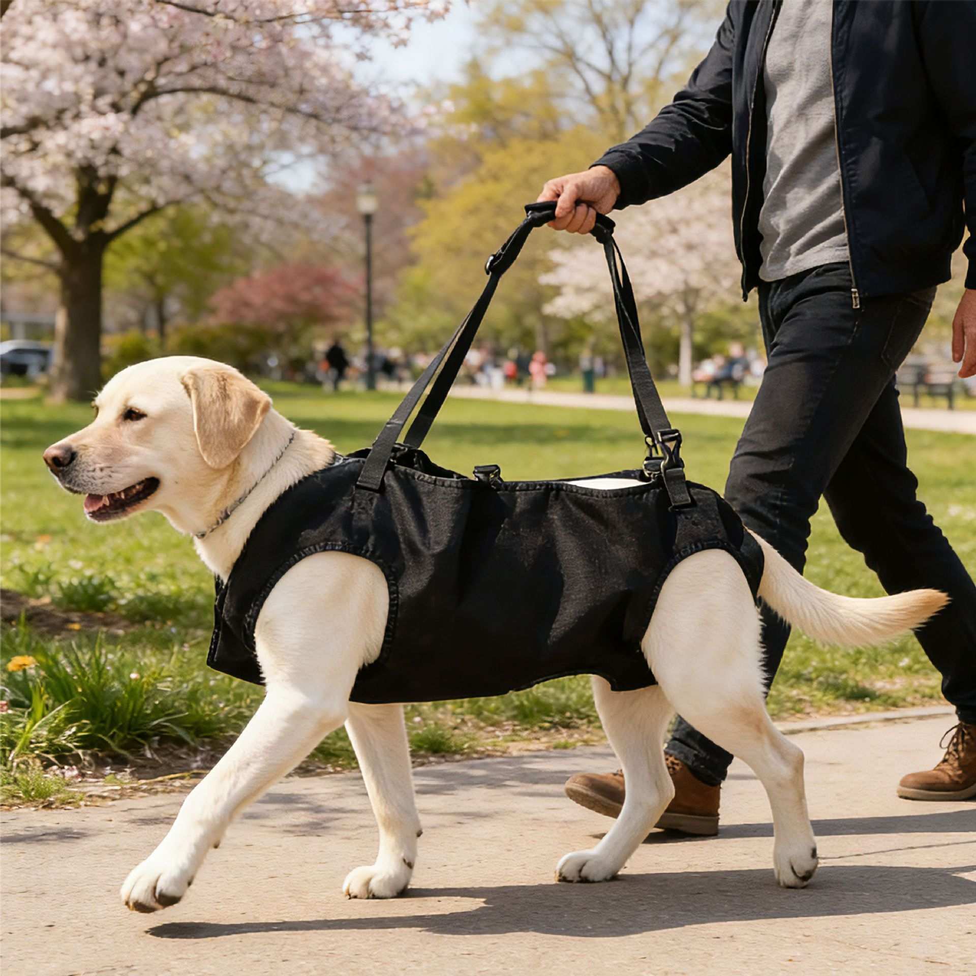 Dog wearing a black Lift Support Harness being walked by a person in a park with cherry blossom trees.