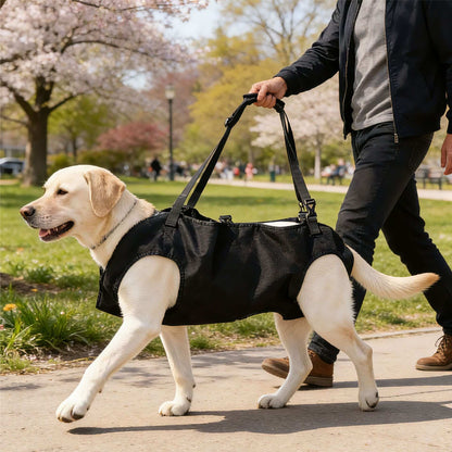 Dog wearing a black Lift Support Harness being walked by a person in a park with cherry blossom trees.