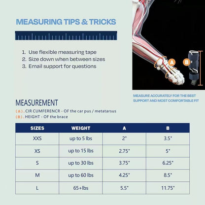 Measurement guide for a brace with a diagram of a foot and instructions on measuring.