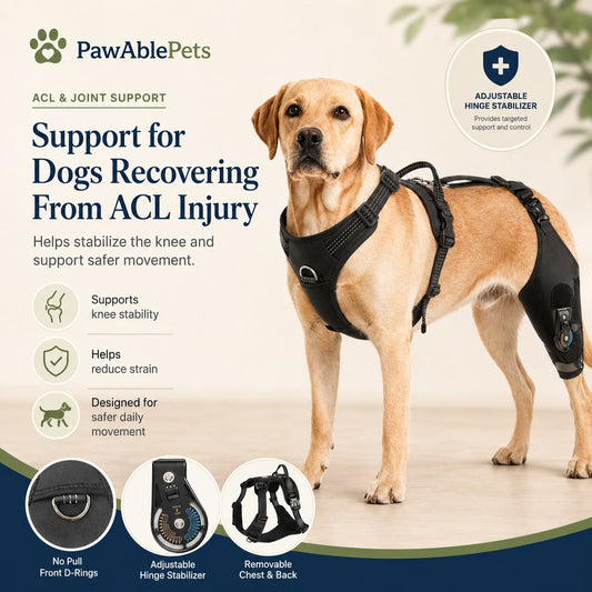 Dog wearing a knee support brace with PawAble Pets branding and product features.