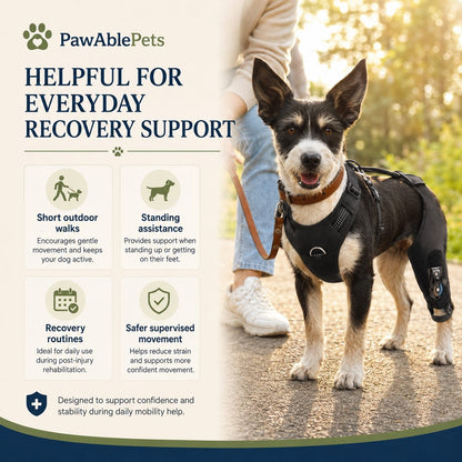 Dog wearing a recovery support brace with text about everyday recovery support from PawAble Pets.