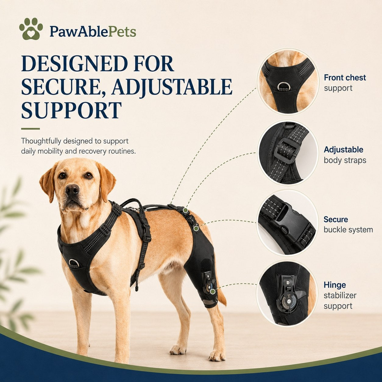 Dog wearing a black harness with features highlighted, branded as PawAblePets.