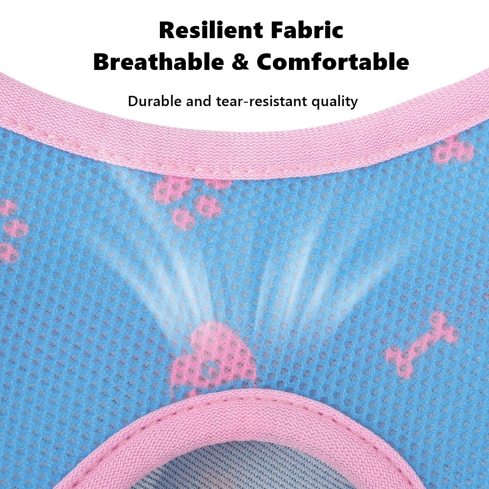 Close-up of blue fabric with pink trim and floral patterns, highlighting breathable and durable qualities.
