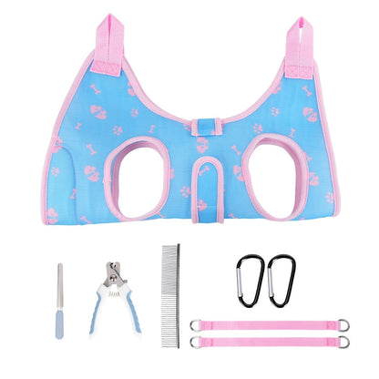 Pet Grooming Hammock Harness kit with blue and pink harness, clippers, comb, and leashes on a white background