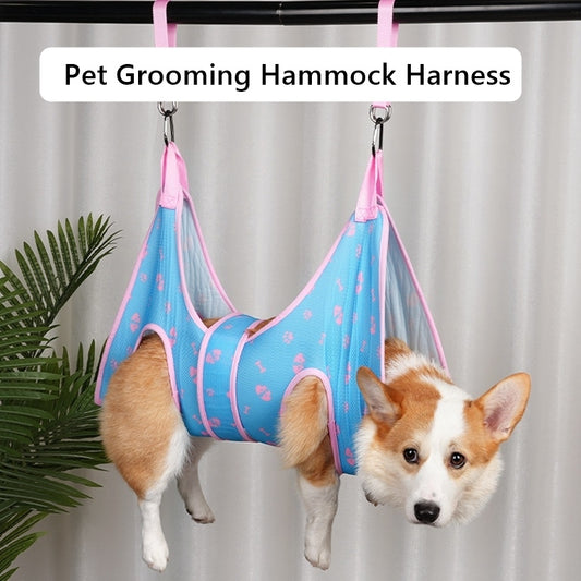 Pet grooming hammock harness with a dog inside, hanging against a neutral background.