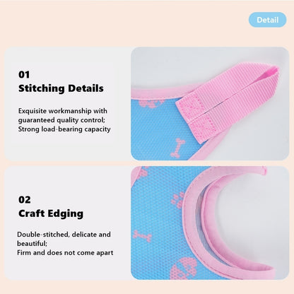 Product details of a pink Grooming Hammock Harness with blue background, highlighting stitching and edging quality.