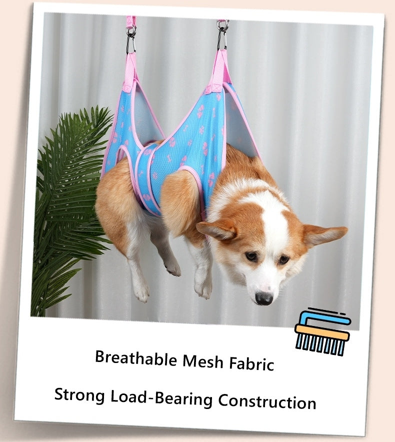 Dog in a blue and pink mesh Grooming Hammock Harness with text about fabric type and construction.