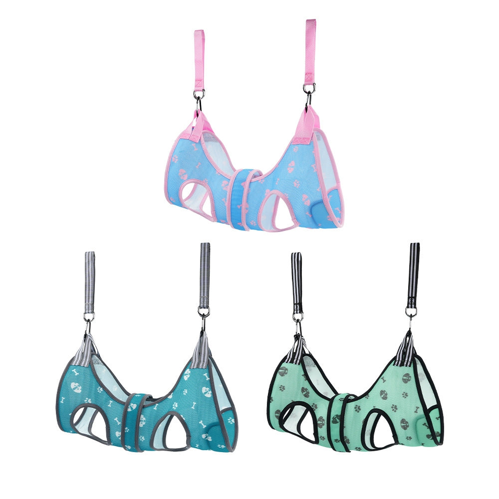 Set of three colorful Grooming Hammock Harness with straps on a white background