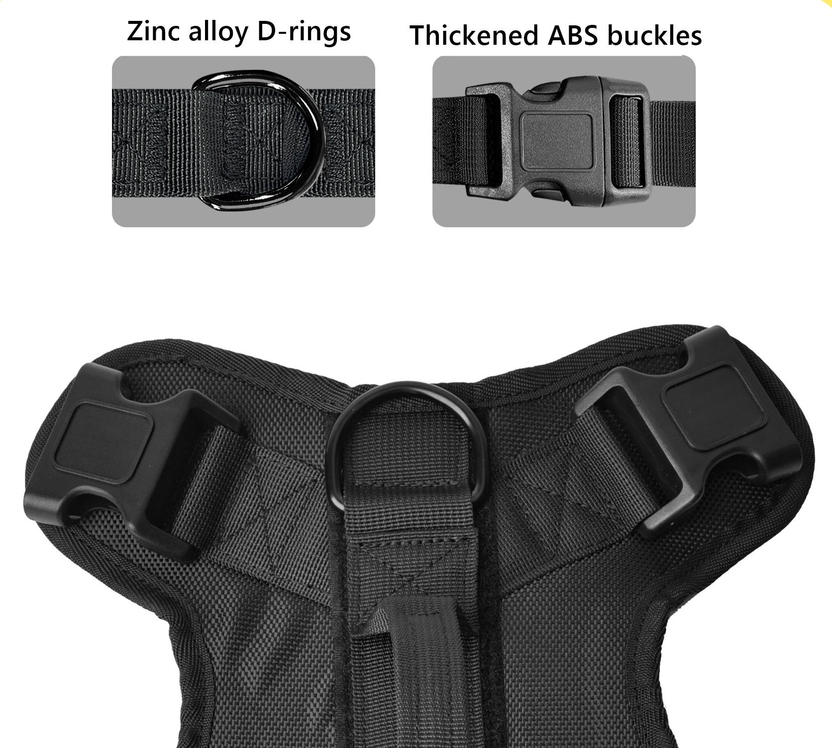 Black dog harness with zinc alloy D-rings and thickened ABS buckles on a white background.