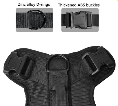 Black dog harness with zinc alloy D-rings and thickened ABS buckles on a white background.