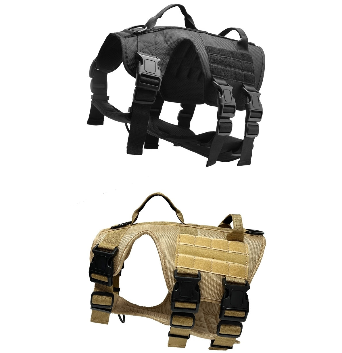 Two tactical dog vests, one black and one tan, on a white background.