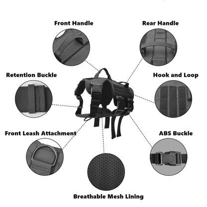 Black dog harness with labeled components