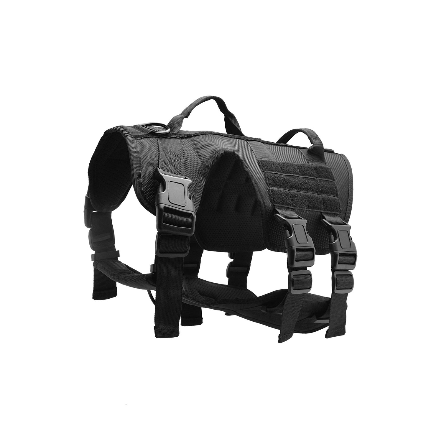 Black tactical dog harness on a white background