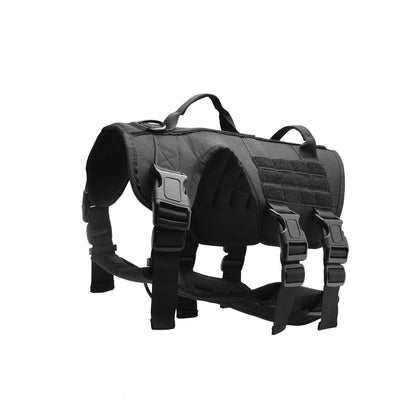 Black tactical dog harness on a white background