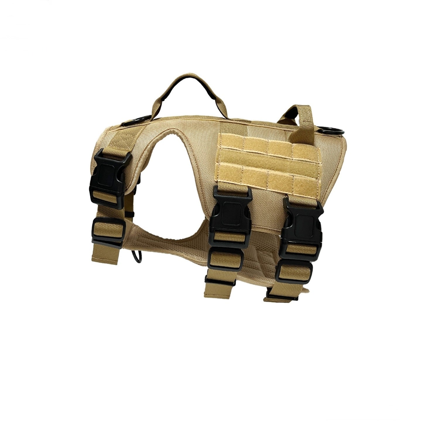 Tan tactical dog vest with black straps on a white background
