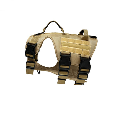 Tan tactical dog vest with black straps on a white background